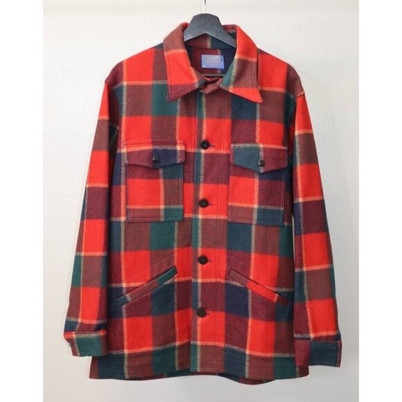 VTG Pendleton Flannel Button Pure Virgin Wool Red Buffalo Jacket Sz L